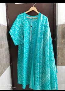 Teal Kurta Set with White Print
