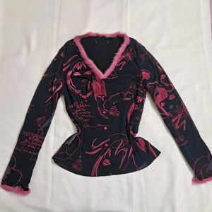 Y2k Vintage 2000s Hollywood Graphic Print Fur Top