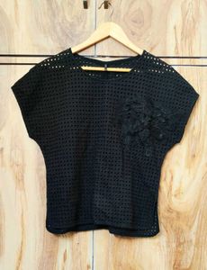 Chic Black Eyelet Pocket Top Size-36