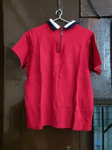 Red Polo Shirt with Navy and White Collar