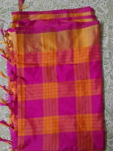 Vibrant Pink & Orange Checkered Silk Saree