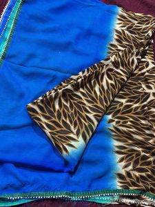 Vibrant Blue Saree with Leaf Print
