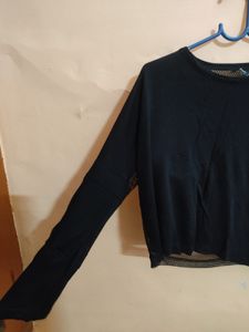 Sheer Mesh Detail Black Long Sleeve Top