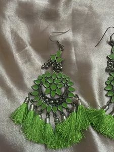 Boho Green Tassel Chandelier Earrings