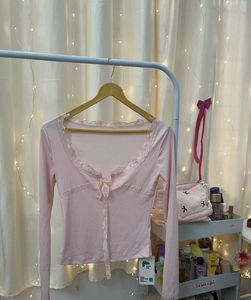 Cute Pink Lace Trim Long Sleeve Top size S BRAND N