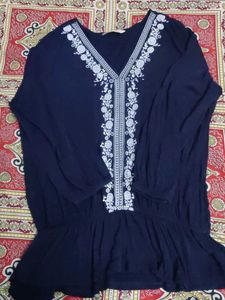 Embroidered Navy Blue Kurta Top