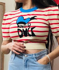 Donald Duck Striped Crop Top With puffed sleeve
