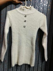 Cream Fuzzy Button Neck Sweater