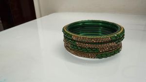 Green Glass Bangles with Gold Embellishments