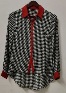 Chic Houndstooth Blouse with Red Accents