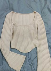 Cream Ribbed Long Sleeve Top