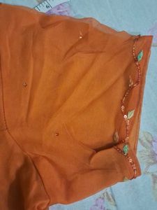 Orange Embroidered Chiffon Saree &amp; stiched blouse