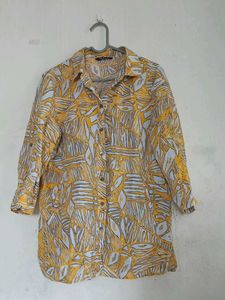 Linen 100% Stylish Yellow Leaf Print Tunic Top