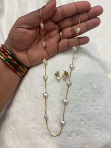 Heart Pearl Necklace &amp; Earrings Set