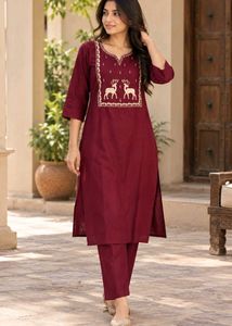 Elegant Maroon Kurta Set with Deer Embroidery