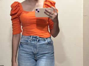 Orange Puff Sleeve Top