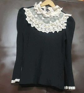 Black Trimmed Puff Sleeve Winter Top 30 Bust