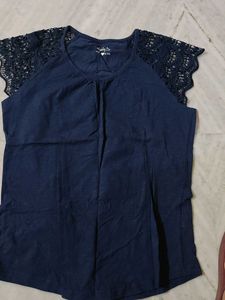 Navy Blue Top with Lace Sleeves