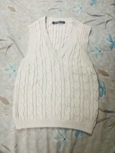 Cream Cable Knit Sleeveless V-Neck Sweater Vest