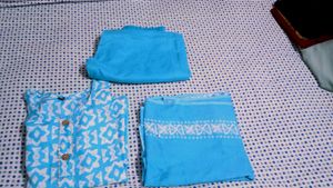Blue Printed Cotton Kurta Set with Dupatta