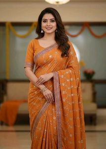 🆕NEW Orange Silver Sequin Saree with Blouse