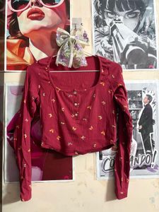 Cute Red Butterfly Long Sleeve Crop Top