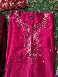 Red green banarsi suit with combo kurta phulkari