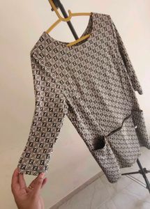Chic Monogram Print Dress with Zipper Pockets
