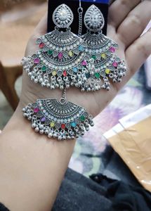 Oxidized Silver colourful Maang Tikka Set