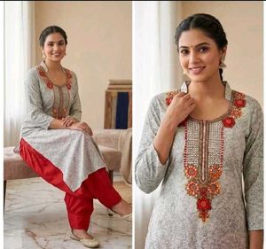 Embroidered Grey Kurta with Red Pants Set