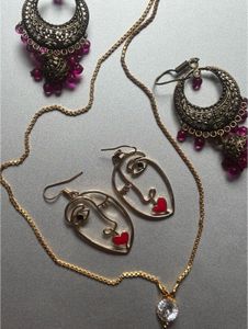 Gold chain, Artistic Face & Kundan earrings Set