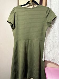 Olive Green Striped Fit &amp; Flare Dress