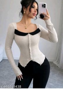 Cream Ribbed Square Neck Top with Black Trim