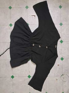 Chic Black Ruched Button-Up Top