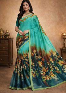 🇳🇿💫🎀Stunning Teal Floral Print Saree