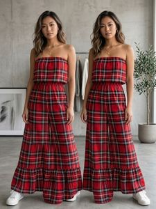 Red Plaid Strapless Wide-Leg Jumpsuit