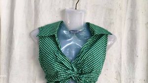 Green Gingham Twist Front Crop Top