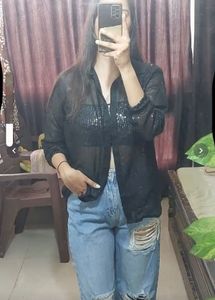 Sparkly Black Sheer Button-Up Shirt