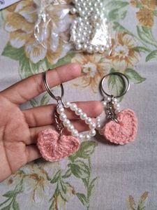 Crocheted Heart &amp; Pearl Keychain Set