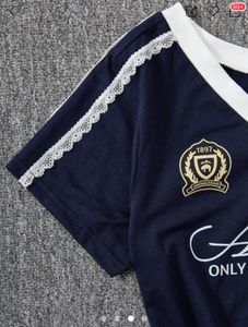 Navy Blue V-Neck Lace Trim Tee (S)
