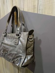 Chic Grey Studded Leather Handbag