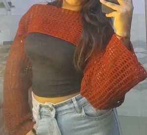 Crochet Net Shrug cherry red sleeves