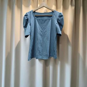 Blue Puff Sleeve Square Neck Top