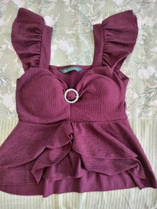 Chic Burgundy Peplum Padded Top