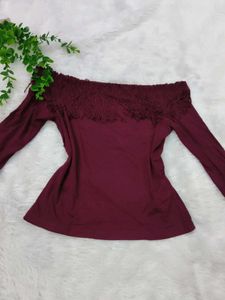 Maroon Off-Shoulder Fringe Top