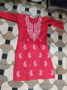 Red Embroidered Cotton Kurta