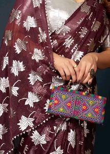 Elegant Maroon Saree with Silver Leaf Print