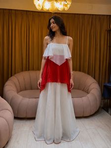 Elegant Red & White Layered Gown