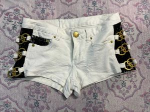 Stylish White Denim Shorts with Black Lace Detail