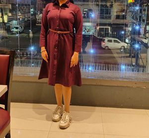 Maroon Button-Down Midi Dress with Belt